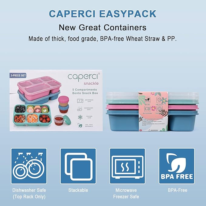 Caperci Bento Box Adult Lunchable Container - Reusable 3-Pack Snack Box Containers with 5-Compartment & 3pc Dressing Cups, BPA-Free Food Storage for Meal Prep, School, Work (Dark & Clear Lids)