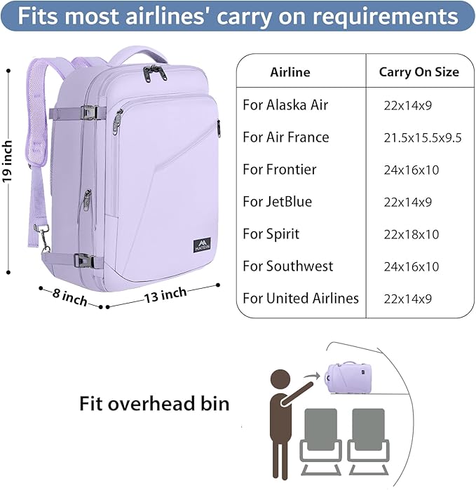 MATEIN Carry on Backpack for Women, 40L Heavy Duty Travel Backpack Airplane Approved, Expandable Simple Fashion Daypack, Frequent Traveler Gifts, Light Purple