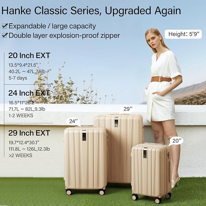 Hanke Expandable Hard Shell Luggage Sets 2 piece Carry on Luggage with Wheels Suitcases Lightweight Checked Travel Luggage Rolling Large Suitcase Travel Luggage Bag Woman Men 20/29 Inch Cuba Sand Pink