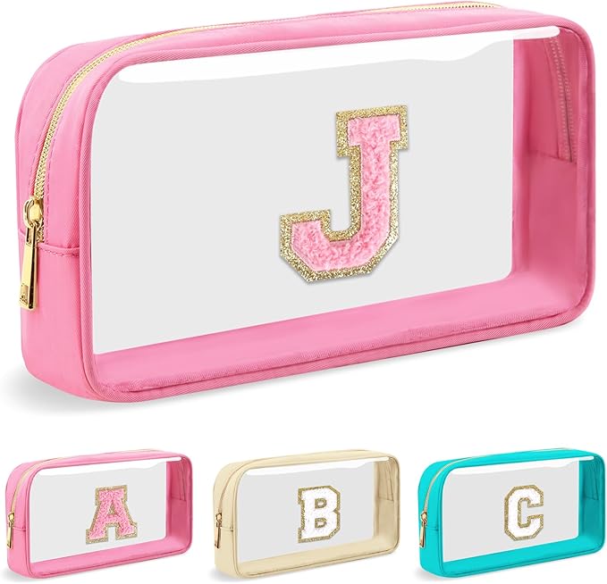 Personalized Initial Letter Clear Makeup Bag,Preppy Small Nylon&PVC Cosmetic Zipper Bag with Chenille Letter,Portable Beach Travel Skincare Toiletry Bag,Trendy Monogram Gift for Teen Girls Women,J
