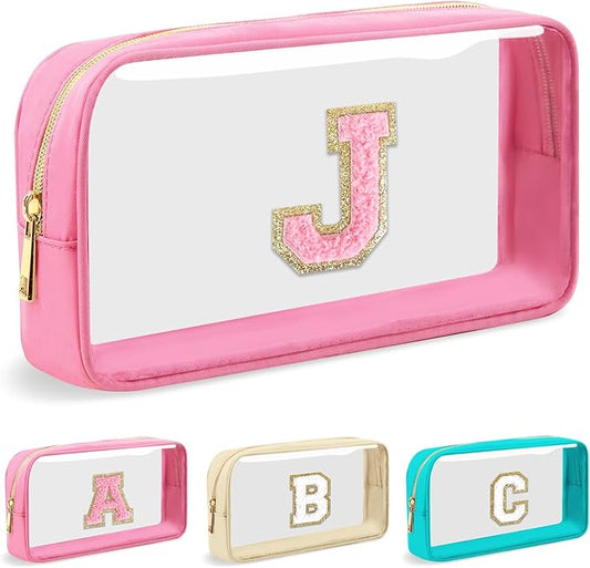 Personalized Initial Letter Clear Makeup Bag,Preppy Small Nylon&PVC Cosmetic Zipper Bag with Chenille Letter,Portable Beach Travel Skincare Toiletry Bag,Trendy Monogram Gift for Teen Girls Women,J