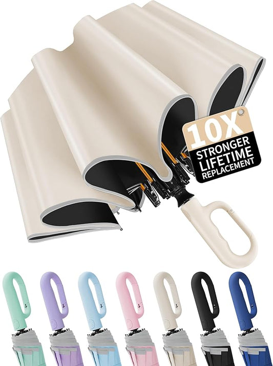 Seniny Travel Umbrella with Carabiner Handle, Windproof Large Umbrellas for Rain with Dual-Rib Structure, Portable Compact Umbrella with Reflective Strip, Car Backpack UV Umbrellas for Sun Protection