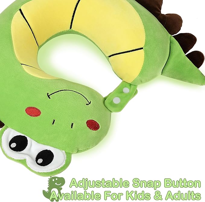 Kids Travel Pillow, Cute Dinosour Memory Foam Neck Pillow with Travel Bag, Soft Adjustable Airplane Pillow for Chin Support, Headrest- Green