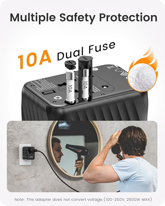 LENCENT Universal Travel Power Adapter, International AC Plug Adaptor with 5.6A 3 USB C 2 USB A Ports Wall Charger Worldwide Travel Essentials for US to EU UK Ireland Australia (Type C/G/A/I) Black