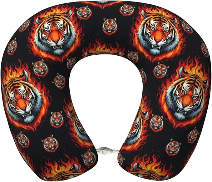 Travel Neck Pillows for Sleeping Rest Car Airplanes Wild and Angry Tiger Fire Flame King Roar Art, Memory Foam with Removable Breathable Zipper Cover Washable for Men Women