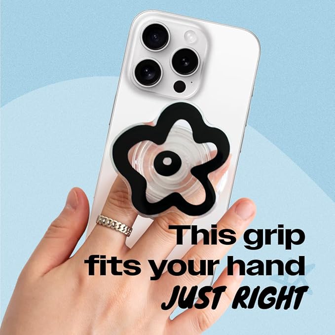 OnTheGrip Cute Transparent Daisy Flower Shape Design Mobile Phone Grip Compatible with Magsafe Multi Functional Collapsible Stand Holder for Smartphone Tablet Cell Phone Accessory (Black)