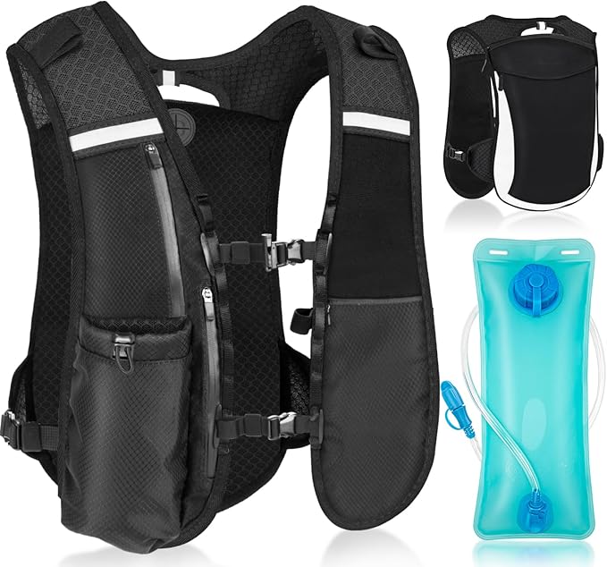 Hydration Backpack with 2L Water Bladder, Lightweight Running Vest for Women Men, Adjustable Straps, Multi-Pocket Water backpack, Breathable Running Vest for Hiking, Cycling, Climbing, Camping, Biking