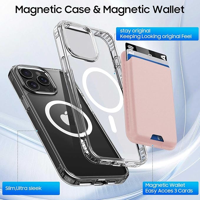 Ntwinro Magnetic for iPhone 13 Pro Clear Case (Compatible with MagSafe) with Pink Detachable Wallet & Card Holder for 3 Cards [RFID Blocking] Military Grade Protective Slim Phone Cover