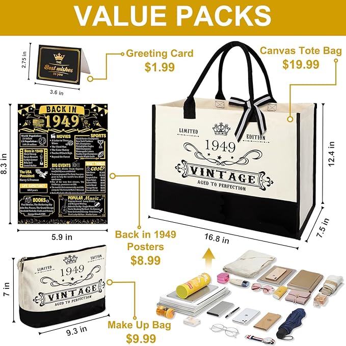 YeohJoy 76th Birthday Gifts for Women Canvas Tote Bag Travel Gear, Unique 76 Years Old Birthday Gifts for Girlfriend Sister Friends Her, Vintage 1949 Handbag & Cosmetic Bag & Back in 1949 Poster