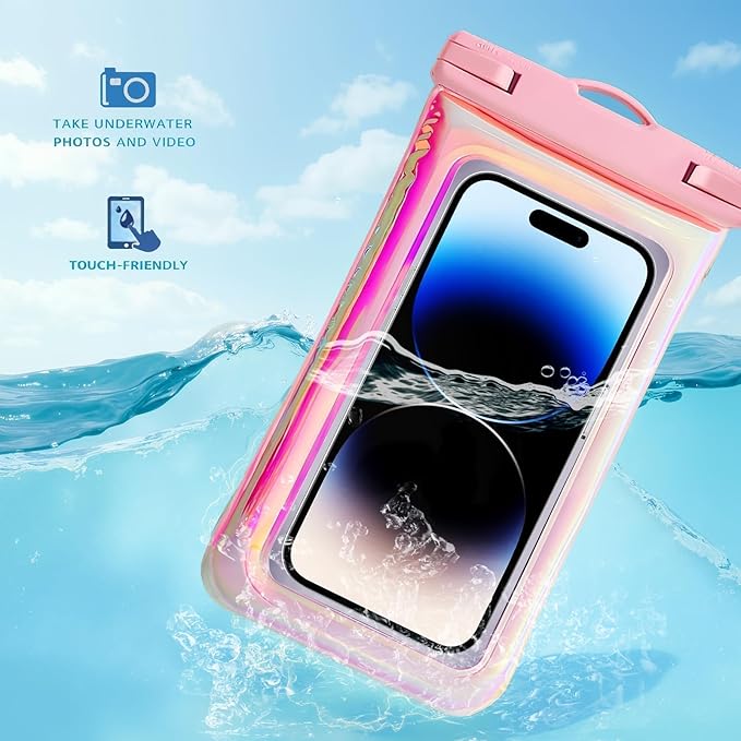 Floatable Waterproof Phone Pouch Case for iPhone 17 16 Pro Max/15/14/13/12, IP68 Travel Cellphone Dry Bag, Beach Cruise Ship Essentials Bags with Crossbody Lanyard,Iridescent Pink(1 Pack)