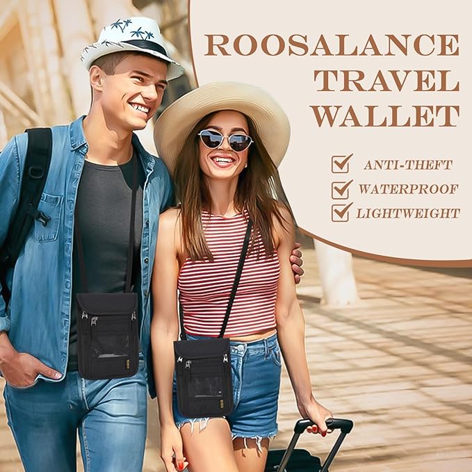 Passport Holder for Travel, Neck Pouch Travel Wallet With RFID Blocking, Waterproof Lightweight Passport Wallet for Women and Men (Black)