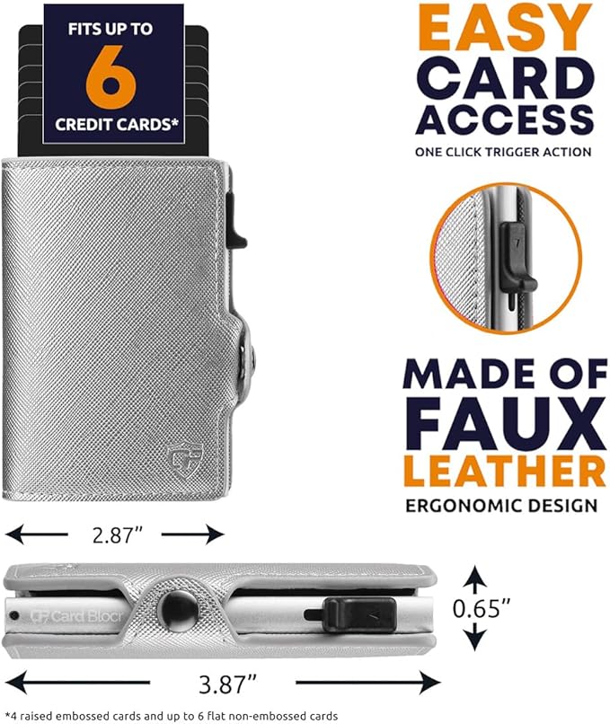 Card Blocr Womens Slim Wallet for Small Purses, Pop Up Wallet with Anti Theft RFID Blocking Credit Card Holder for Women in Platinum PU Saffiano Leather