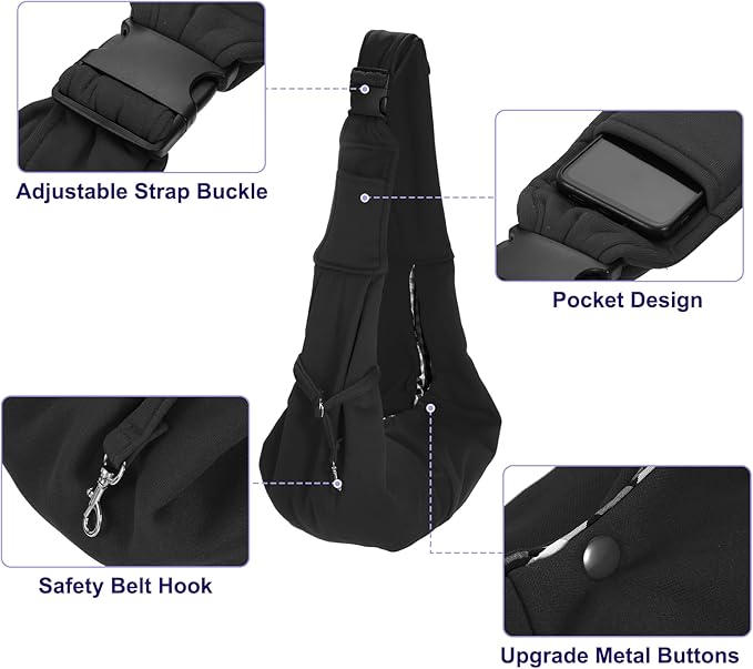 PETAXCELL Dog and Cat Sling Carrier Up to 16.5 Lbs, Hand-Free Reversible Pet Sling Carrier with Adjustable Strap and Pocket, (Black, 1 Pcs) Intended for Hiking/Camping/Traveling