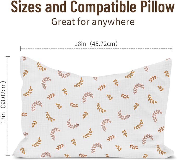 Toddler Pillowcases for 13"x18" Pillow 2 Pack, Muslin Small Toddler Baby Kids Travel Pillow Covers for Boys Girls with Envelope Closure (Brick & Leaf, 13 x 18 Inch)