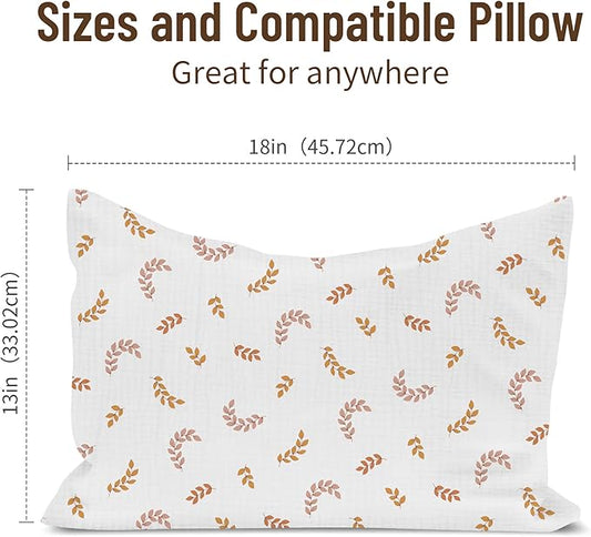 Toddler Pillowcases for 13"x18" Pillow 2 Pack, Muslin Small Toddler Baby Kids Travel Pillow Covers for Boys Girls with Envelope Closure (Brick & Leaf, 13 x 18 Inch)