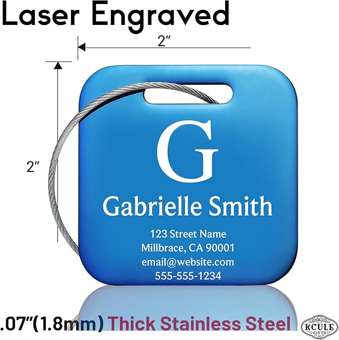 Customized Stainless Steel Luggage Tags: Personalize Your Suitcases, Backpacks, and Bags with Your Text (Blue)