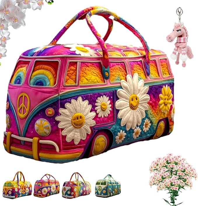 Hippie Van Quilted Duffle Bag, Boho Weekender Travel Overnight Luggage for Women Vintage Floral Gym Tote (style4, Large (18"x9"x9"))