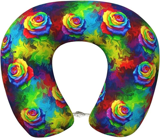 Comfortable Travel Pillow for Pain Relief Sleeping, Memory Foam Airplane Car Neck Pain Pillows Trippy Tie Dye Rose Colorful, Funny Chin Head Support Cushion