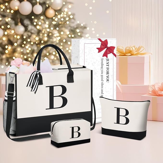 BAGAIL Initial Tote Bag, Personalized Birthday Gifts for Women, Teacher, Friends, Mom, Wedding, Monogrammed Beach Bag