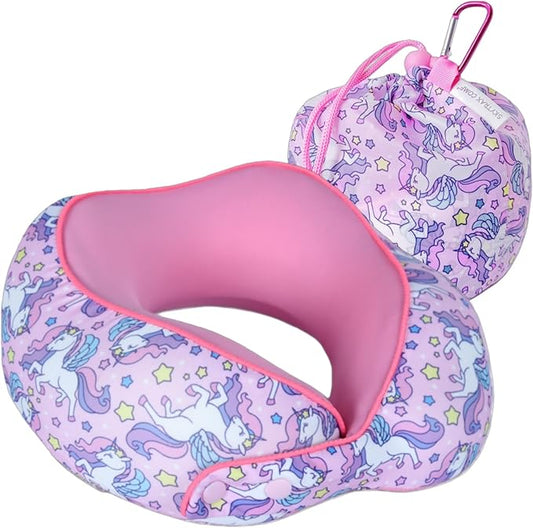 SKYTRAX® Certified Kids Safe Memory Foam Travel Neck Pillow for Kids and Toddlers, Cute Cartoon Design, Car Seat & Airplane Head Neck Support, Adjustable Snap Button, Washable Soft Cover (Unicorn)