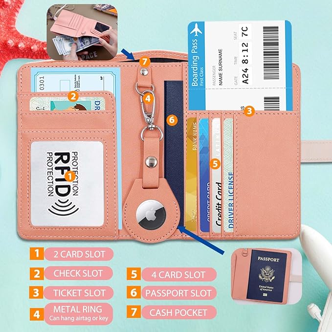 Passport Holder with Airtag for Women/Men,Airtag Passport Wallet for Travel,Cute Passport Holder Rfid Blocking,Travel Wallet for Cards Passport Cover Case (Pink1)