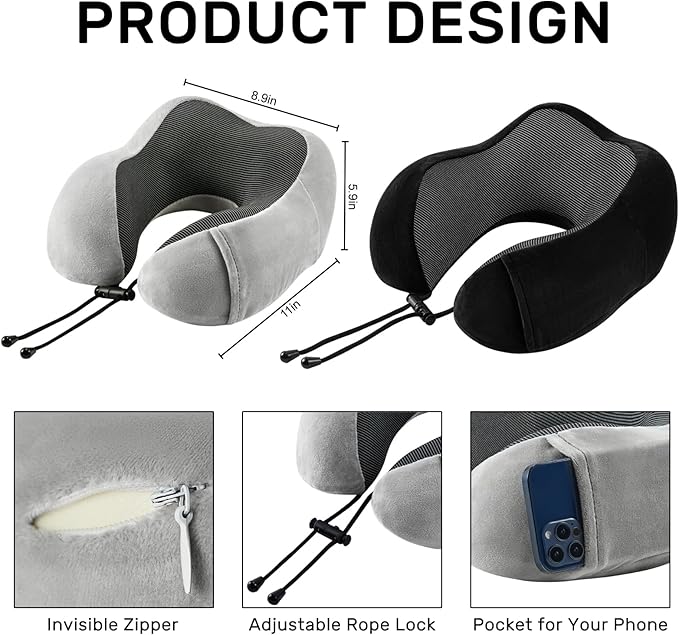 Neck Pillow Airplane-2 Pack Memory Foam Travel Pillow, Soft Support Travel Neck Pillow for Travelling, Sleeping Rest, Car, Train and Home Use (Black&Grey)