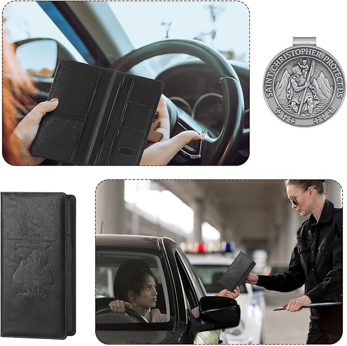 Christmas Car Registration and Insurance Card Holder Christmas Gift for Driver Include 1pcs Saint Christopher Medal, 1pcs Leather Vehicle Insurance Wallet Interior Car Accessories License