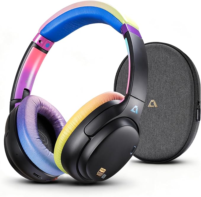1Mii E700 Wireless Bluetooth Over Ear Headphones with Active Noise Canceling, Hi-Res Audio LDAC/aptX Low Latency for Airplane Travel Overhead Comfort, 54H Playtime, Custom EQ via App - Colorful