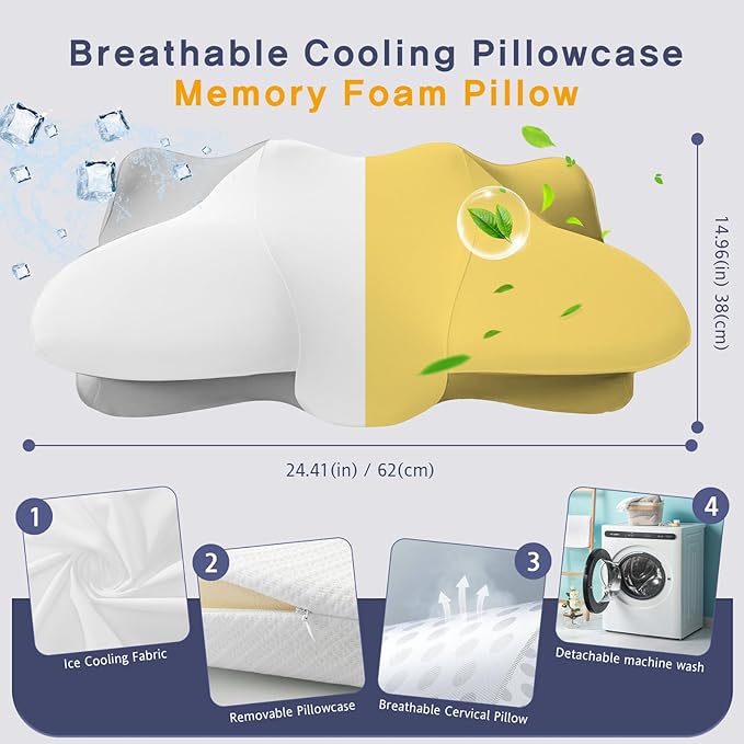 Dual-Height Cervical Neck Pillow for Pain Relief, Memory Foam Pillows with Cooling Tech -3D Ergonomic Support, Cooling Cover, for Side/Back/Stomach Sleeper Pillow, Minimalist Style - Gray,White