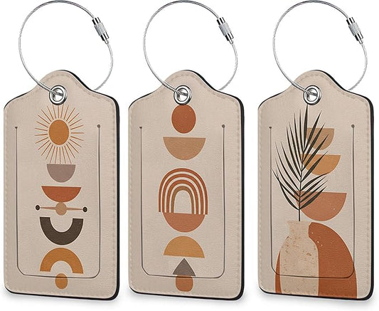 Boho 3 Pack Luggage Tag for Suitcase, Leather Bag Tags with Privacy Cover ID Label and Durable Steel Loop for Cruise Airport Travel
