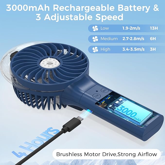 COMLIFE Portable Handheld Misting Fan, 3000mAh Rechargeable Battery Operated, 180° Foldable, Mini Personal Fan with Water Sprayer for Travel, Makeup, Home, Office, Camping, Outdoors