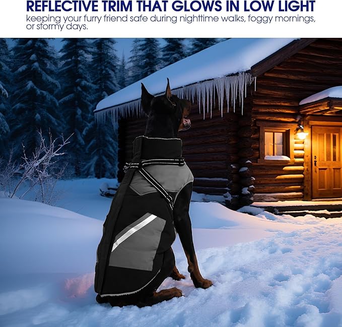 FUAMEY Dog Winter Jackets for Large Dogs,Dog Coat with Harness Built in,Waterproof Dogs Snowsuits Warm Pet Jacket Zip Up Fleece Cold Weather Coats Reflective Puppy Vest with Pocket Black L