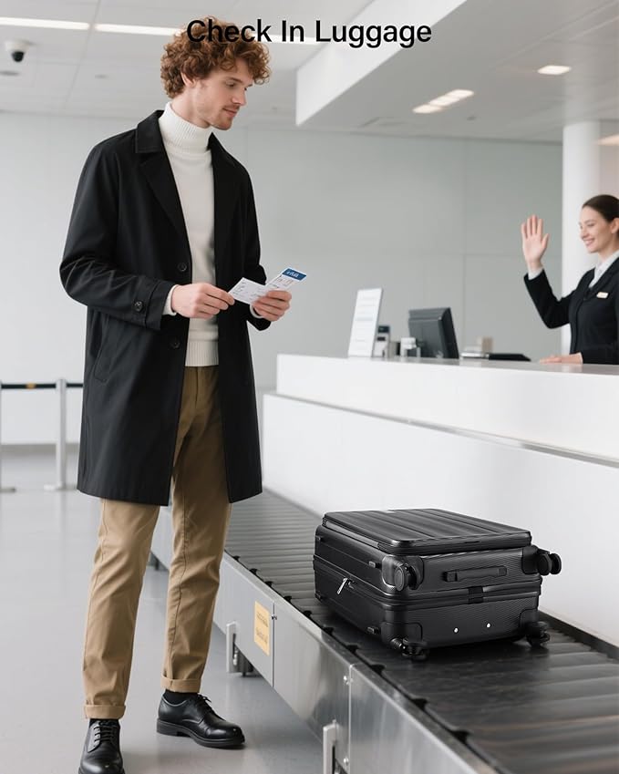 Hanke 24 Inch Expandable Luggage Top Opening Checked Bag Luggage Hard Shell Suitcases with Wheels Lightweight Travel Luggage Medium Suitcase with Lock for Woman Men-Jet Black