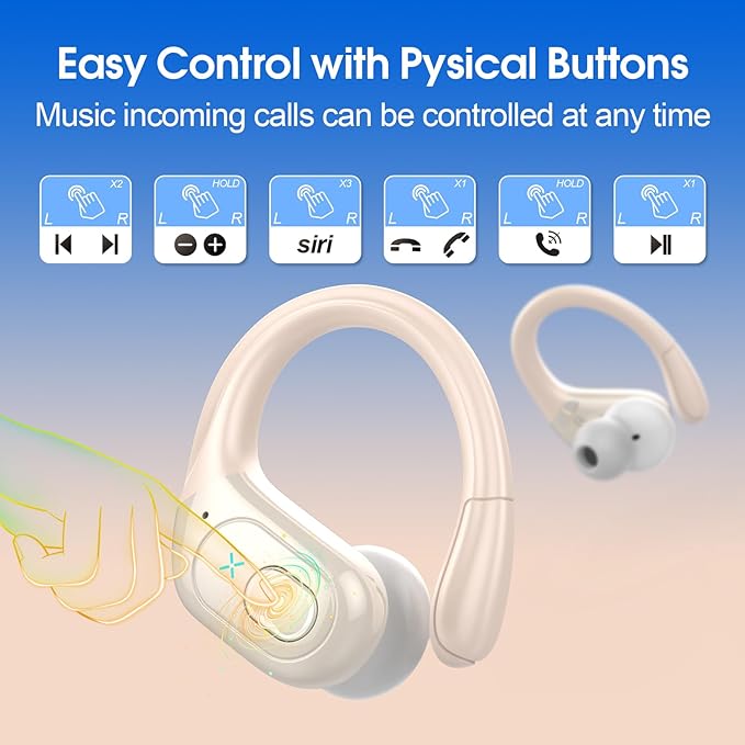 Wireless Earbuds 75hrs Bluetooth 5.4 Headphone Sport, 2025 Bluetooth Earbuds Stereo Deep Bass Over Ear Bud with Earhooks, ENC Noise Cancelling Mic, IPX7 Waterproof Earphone, Camel