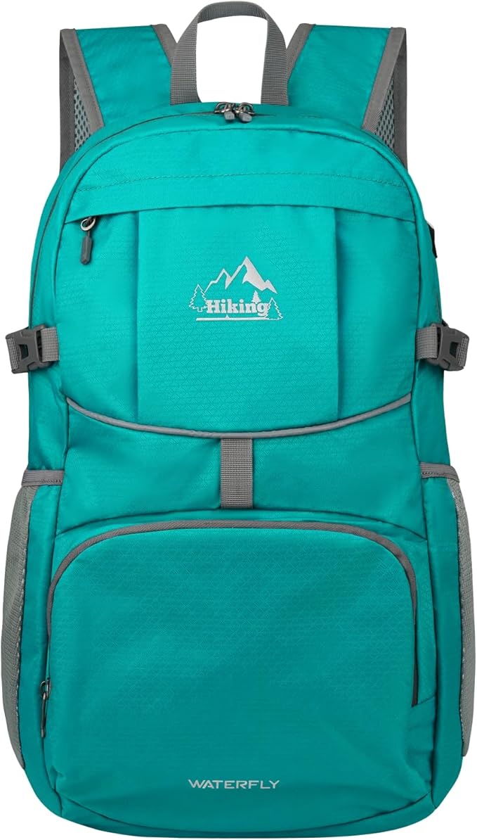 WATERFLY Hiking Packable Daypack Backpack: 35L Ultra Lightweight Day Pack for Woman Man - Large Compact Folding Back Pack for Outdoor Sport Cycling Camping Travel Trip - Turquoise