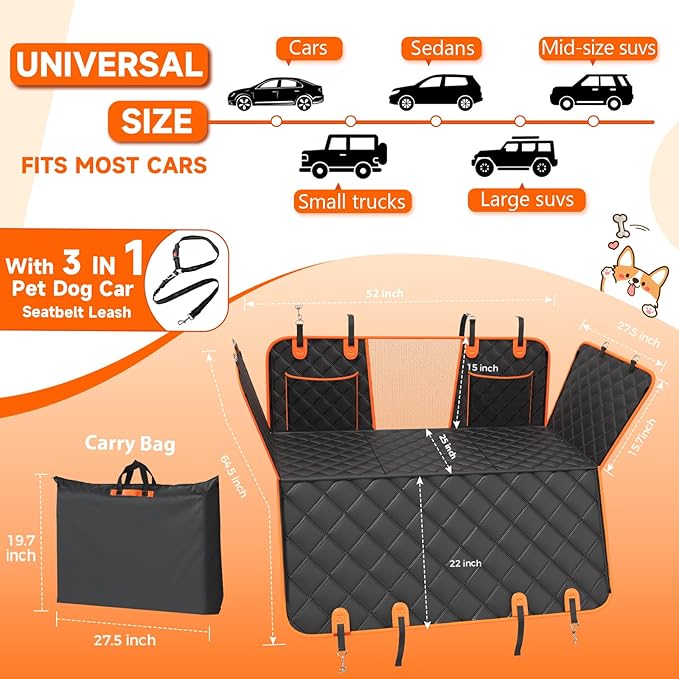 Dog Car Seat Cover for Back Seat, Hard Bottom Holds 500lbs, Waterproof Sturdy Anti Scratch Back Seat Pet Cover for Dogs with Mesh Window & Storage Bag & Dog Safety Belt, for Car SUV Small Truck