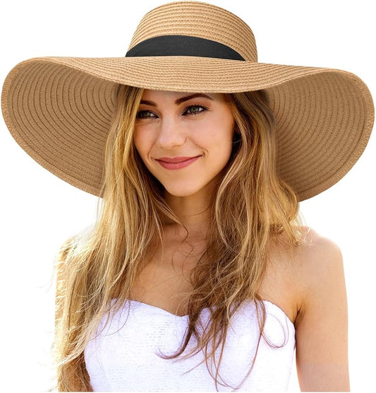 Senker Fashion Sun Hats for Women Oversize Wide Brim Straw Beach Hat Floppy Foldable Roll-Up Summer Vacation UPF 50+