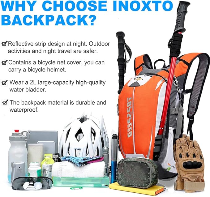 INOXTO Hydration Pack Backpack，18L Hydration Pack Lightweight Water Backpack with 2L Water Bladder Bag Daypack for Hiking Running Cycling Camping Hunting for Women Men