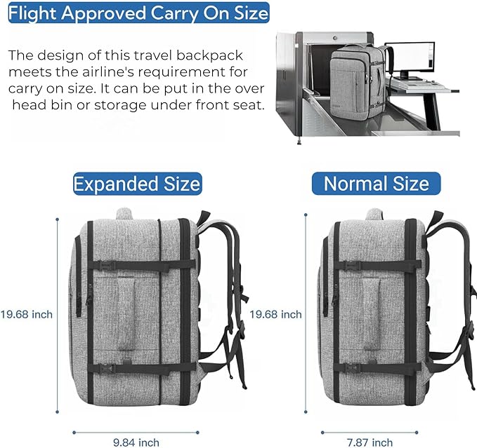 Travel Backpack, Extra Large 50L Expandable Backpack for Men Women, Carry On Backpack For Airplanes, Travel Essentials Luggage Suitcase Daypack Travel Gift Weekender Bag, Grey