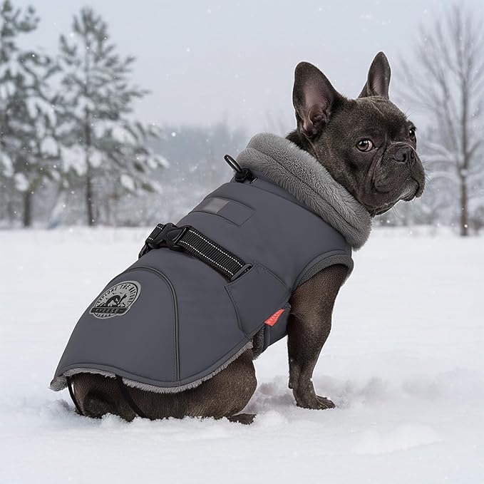 KYEESE Waterproof Dog Coat, Warm Windproof Jacket, Turtleneck Winter Dog Coats for Small Dogs with Leash Hole, Reflective Pet Clothes & Outdoor Apparel, Thick Fleece-Lined Winter Jacket, Gray, Large