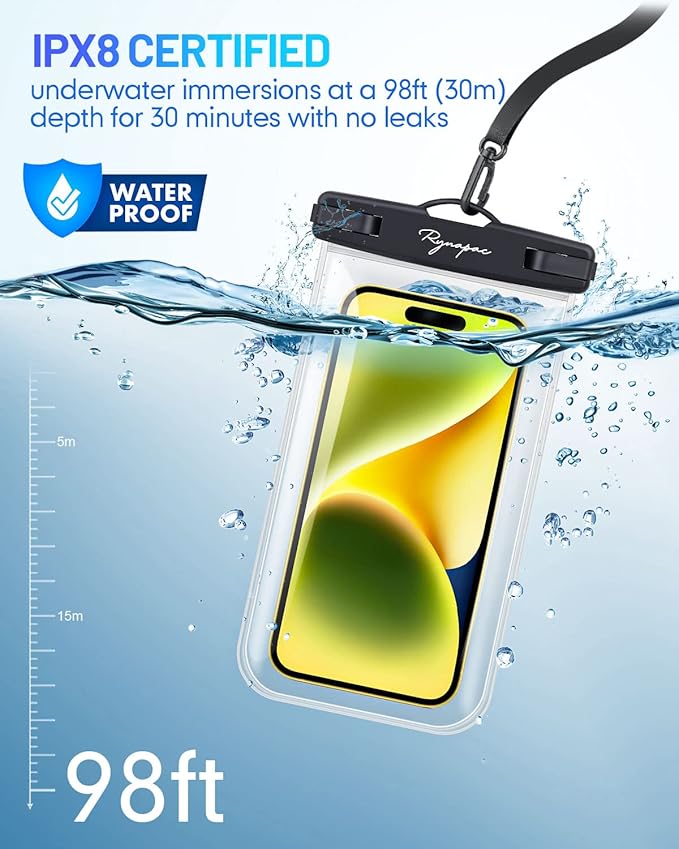Waterproof Phone Pouch Bag - 7.5in Water Proof Cell Phone Case for Beach Travel Must Haves, Waterproof Phone Holder with Lanyard for iPhone 16 15 Pro Max Galaxy S24+ S23 Pixel 8a, Cruise Essentials