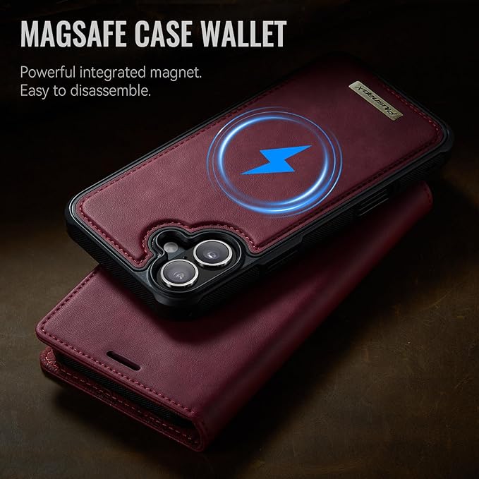 PlusnapX Wallet Case for iPhone 17 Compatible with Magsafe, 2-in-1 PU Leather Flip RFID Blocking Card Holder Stand Shockproof Magnetic Detachable Case for iPhone 17 Case 6.3", Burgundy