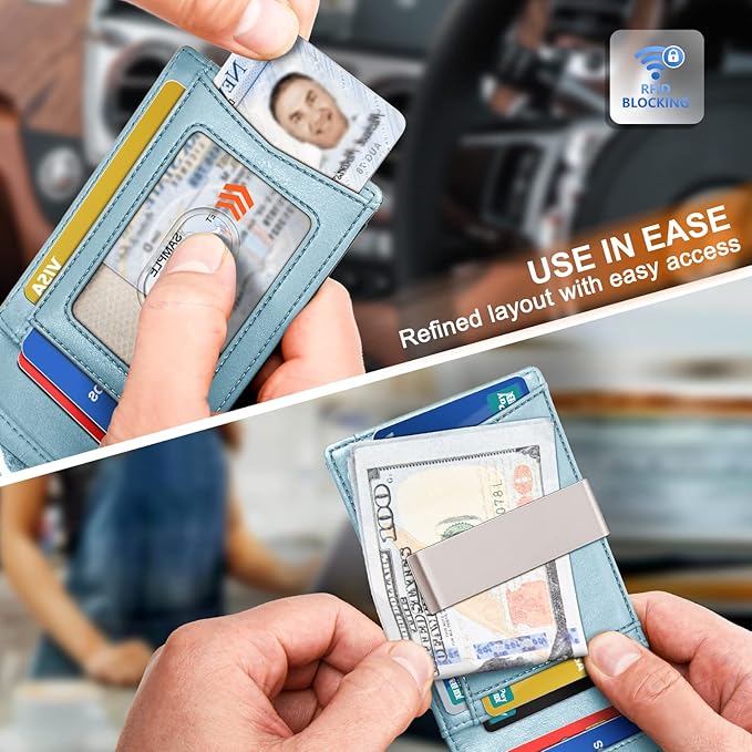 KS Mens Wallet Gift Airtag or Standard Use,Slim Front Pocket Leather Wallet Money Clip 11 cards RFID Blocking