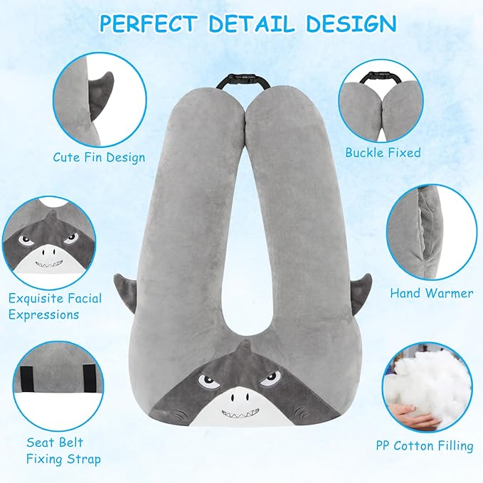 Kids Travel Pillow for Car Seat with Hand Muff, Cartoon Neck & Headrest Seat Belt Pillow for Car Road Trips Long-Distance Travel Sleeping Pillow for Adults and Children, Shark