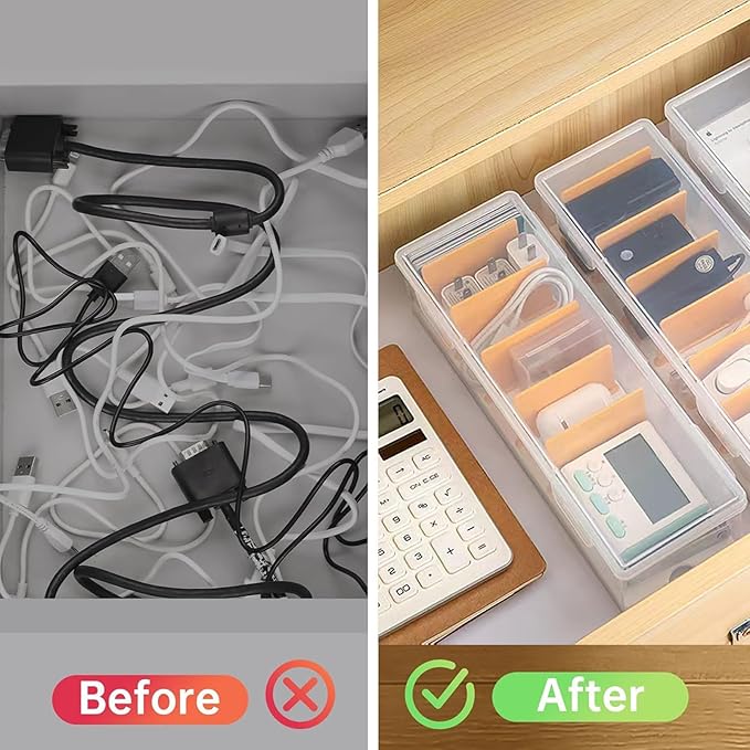 2 Pack Clear Cable Organizer Box with Lid, Plastic Charger Cable Cord Storage Organizer, Stackable Office Desk Organizers, Multifunctional Accessories Storage Box Fit in Home Drawer