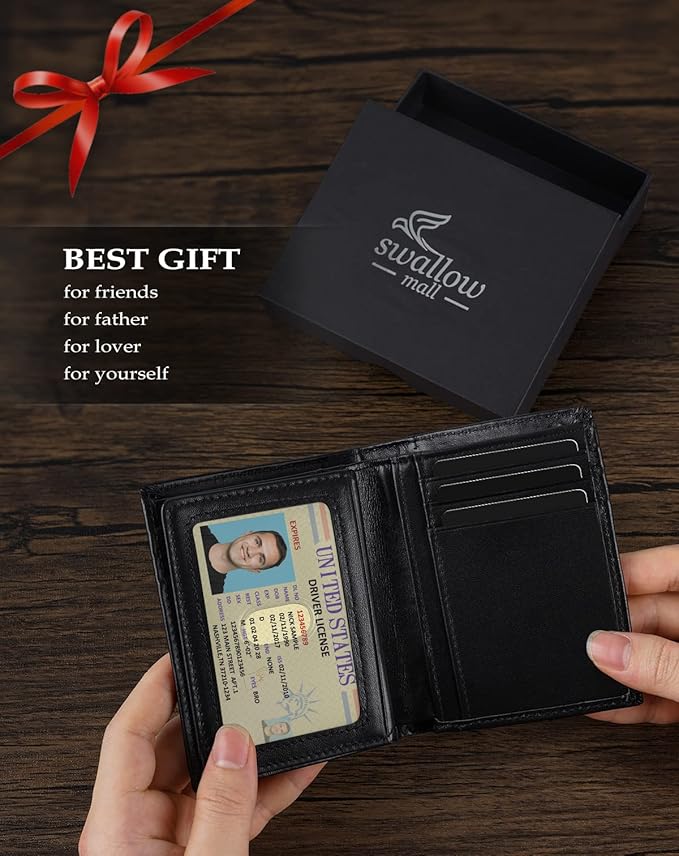 Swallowmall AirTag Wallet Mens RFID Blocking Genuine Leather Bifold Men's Wallet For air tag with 2 ID Window 11 Card Holders Vertical Black(Airtag Not included)