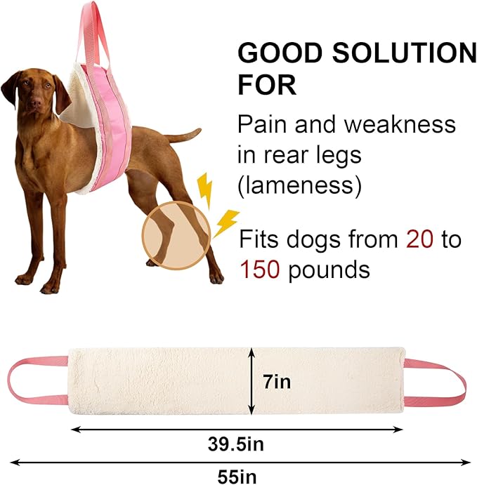 20-150lb Dog Sling for Large Dogs Hind Leg Support, Hevy Duty Portable Dog Lift Harness for Back Legs, Dog Hip Harness Large Breed, Pink, Large