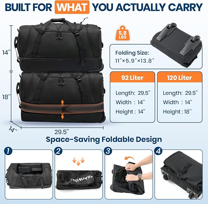 Fanwoli 92L 120L Large Rolling Duffle Bag with Shoes Compartment, 30’’ Expandable & Foldable Heavy Duty Water Resistant Travel Backpack, Convertible Foldable Duffel for Gym Camping Weekender