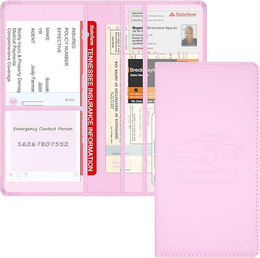 Car Insurance and Registration Holder, 9.5 x 5 Inch PU Leather Vehicle Glove Box Organizer Wallet Case for Insurance Card, Driver License, Paperwork - Pink
