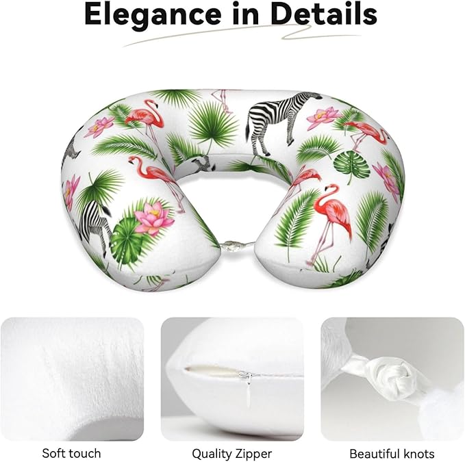 Neck Pillow Memory Foam Chin Cushion with Breathable Cover Green Palm Leaf Zebra Pink Flamingo Floral, Cute Airplane Car Pillows for Office Head Pain Relief